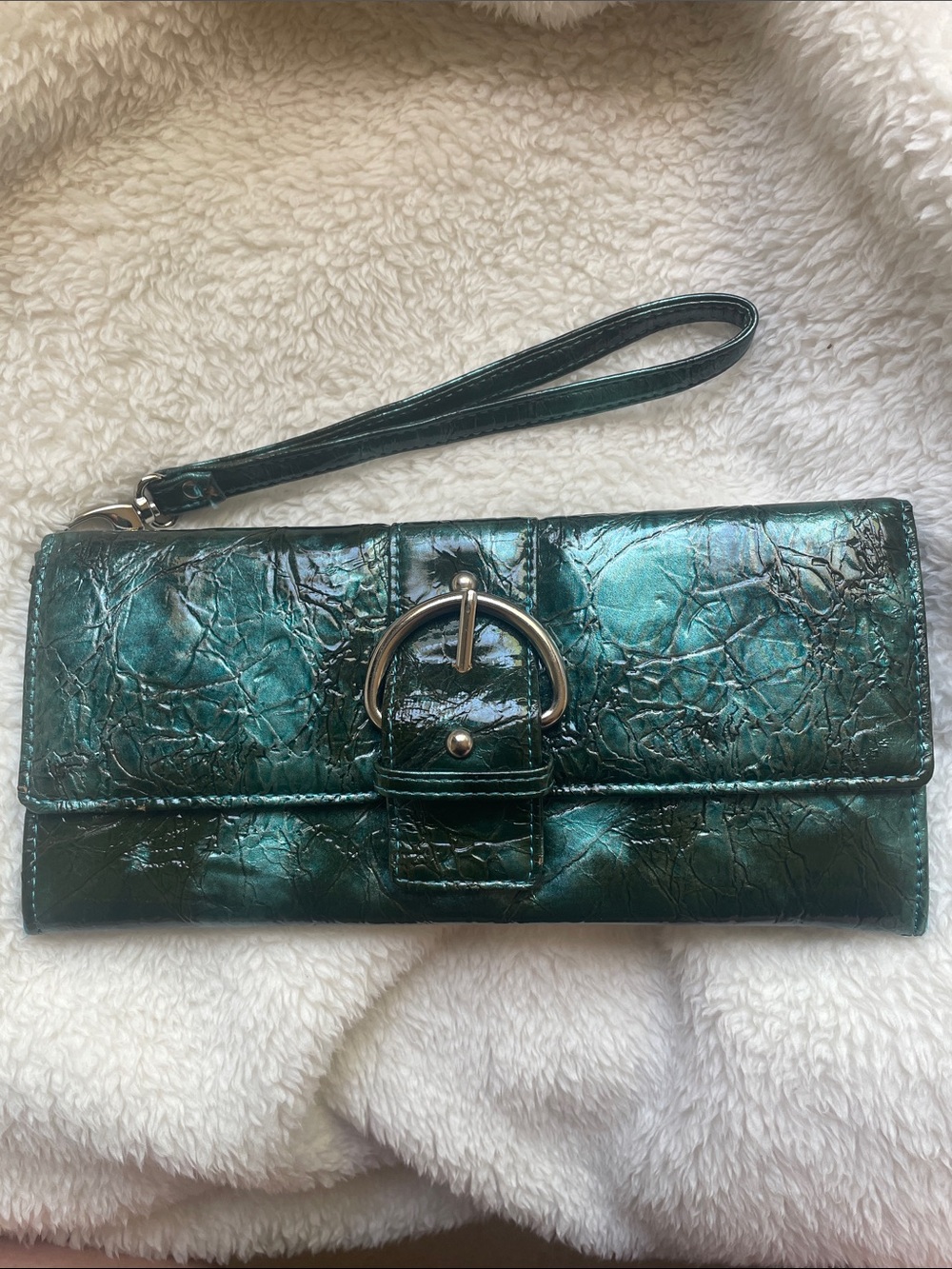 Poppie Jones Shiny Emerald Green Wristlet Clutch with Buckle